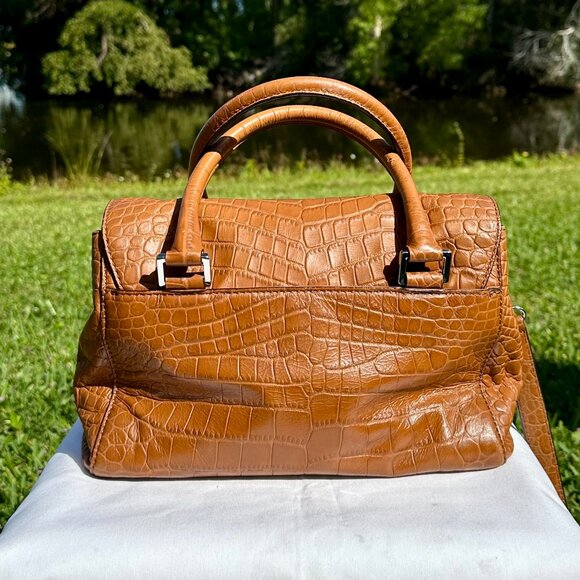 MICHAEL Michael Kors Sloan Croc Embossed Mocha Leather Silver Shoulder Satchel - Picture 2 of 15